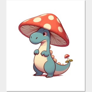 Kawaii simple Mushroom Hat Dinosaur Tyrannosaurus Posters and Art